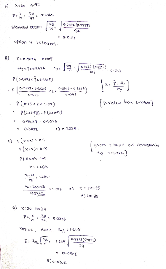 a) *: 20 n-97 PEX: 0.2062 Standard erworben 0-2062.697231) 97 0.0011 opron u is correct. B) P=0.8626 0=105 0.2626 G Mp = P =