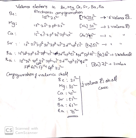 Valence electrons in Be, Mg, Ca, Sr, BQ, Ra Be: Electronic configuration 1522520 [He3252 +2 Valence és. 18228²2p035² [Ne} 35