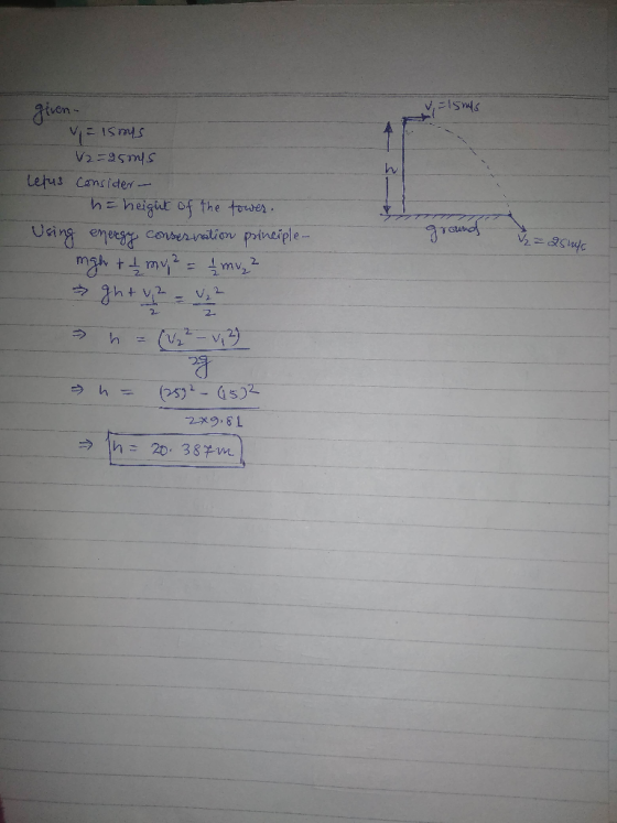 VIS given- Valsmus 12=95mos letus consider- he height of the tower. Using energy conservation principle- might I my 2 = 2 muz