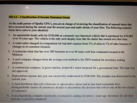 DB 4.6 - Classification of Income Statement Items As the audit partner of Sparky CPAs, you are in charge of reviewing the cl