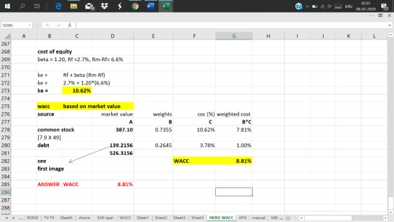 | 0 = = = = = 3 g W ? v 1 . * ENG 02:01 08-02-2020 33 G286 B C D E F G H I J K L 267 268 cost of equity beta = 1.20, Rf =2.7%