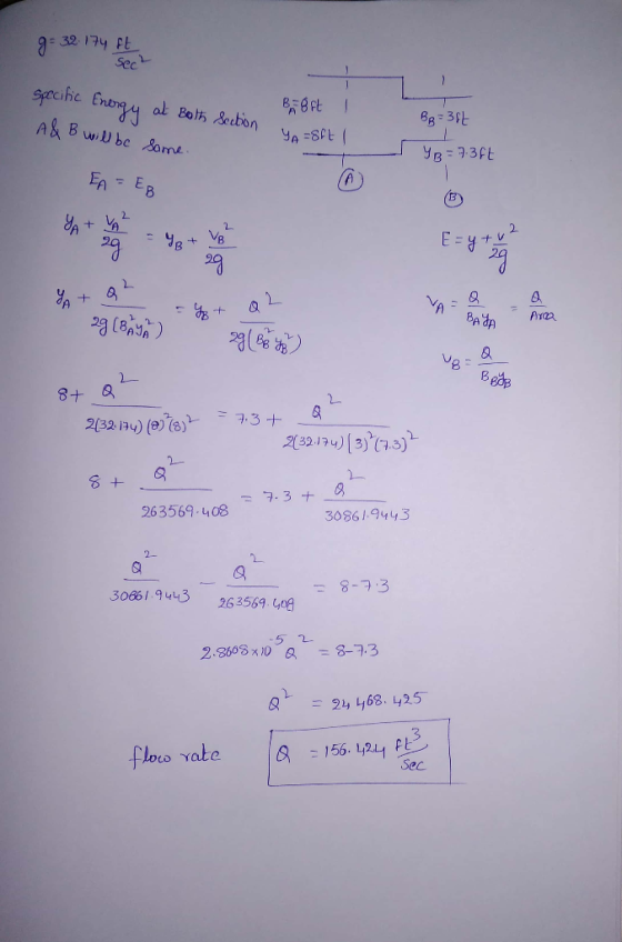 g= 32.174 Ft Sec specific Energy at Bath Section A&B will be same. B 8ft I Bp=38t yA=Sft I YB = 7.3ft EA = EB E=ytu2 A + Q2 2