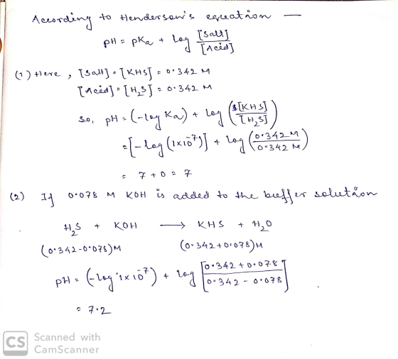 According to Hendersons eqreation (salt) pH = pka + log Inced] (1) Here , Tsalt) - T KHSJ = 0 342 M Acéds- [H,ST- [H,35 = 0