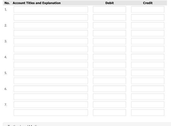 No. Account Titles and Explanation Debit Credit 1. 2. 3. 4. 5. 6. 7.