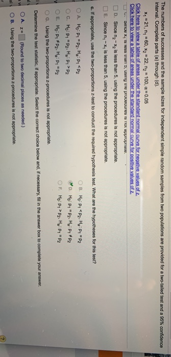 The numbers of successes and the sample sizes for independent simple random samples from two populations are provided for a t