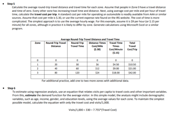 Step 5 Calculate the average round-trip travel distance and travel time for each zone. Assume that people in Zone 0 have a travel distance and time of zero. Every other zone has increasing travel time and distance. Next, using average cost per mile and per hour of travel time, calculate the travel cost per trip. A standard cost per mile for operating an automobile is readily available from AAA or similar ources. Assume that cost per mile is $.30, or use the current expense rate found on the IRS website. The cost of time is more complicated. The simplest approach is to use the average hourly wage. For this example, assume it is $9 per hour (or $.15 per minute) for all zones, although in practice it is likely to differ by zone. Generate calculations using Microsoft Excel or a similar program Average Round-Trip Travel Distance and Travel Time Zone Round-Trip TravelRound-Trip Distance Times Travel Time Total Travel Cost/Mile ($.30) Distance Travel Time Cost/Minute Cost/Trip ($.15) 0 $4.50 $9.00 $18.00 $10.50 $21.00 $42.00 20 40 80 30 60 120 $6 $12 For additional practice, add one to two more zones with additional data. . Step 6 To estimate using regression analysis, use an equation that relates visits per capita to travel costs and other important variables. From this, estimate the demand function for the average visitor. In this simple model, the analysis might include demographic variables, such as age, income, gender, and education levels, using the average values for each zone. To maintain the simplest possible model, calculate the equation with only the travel cost and visits/1,000. Visits/1,000- 330-7.755 (Travel Cost)