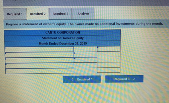 Required 1 Required 2 || Required 3 So / / / / Prepare a statement of owners equity. The owner ditional investments during t