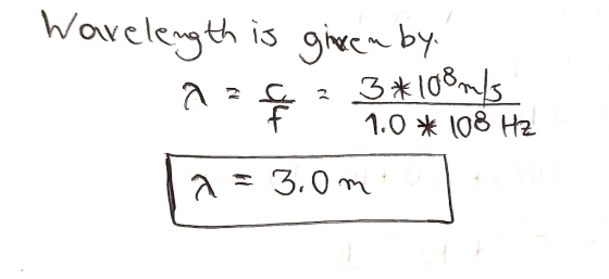 Wavelength is given by. az ¢ 3*108ms - 1.0 * 108 HZ 12= 3.0m 1