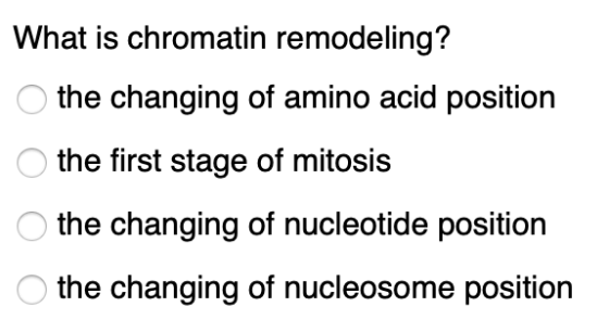 What is chromatin remodeling? the changing of amino acid position O the first stage of mitosis O the changing of nucleotide p