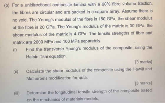 (b) For a unidirectional composite lamina with a 60% fibre volume fraction, the fibres are circular and are packed in a squar