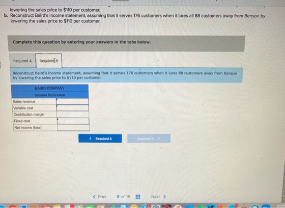 lowering the sales price to $110 per customer. b. Reconstruct Bairds income statement, assuming that it serves 176 customers