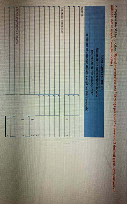 2. Prepare the SCI by function (Round intermediate and Earnings per share answers to 2 decimal place. Enter answers in millio