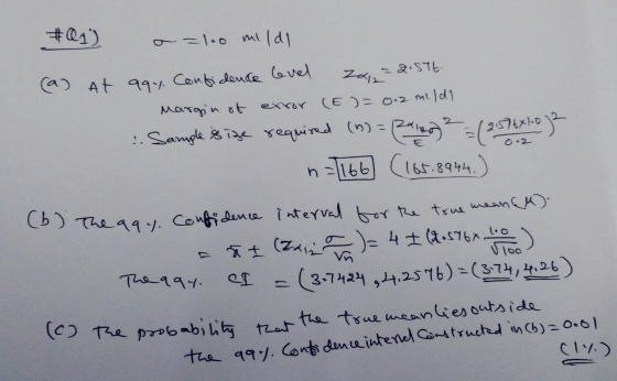 #Q1) a = 100 mildl (a) at agy. Confidence level 2x = 2.576. Margin et enror (E)= 0.2 mildi :. Sample size required (13) = 2