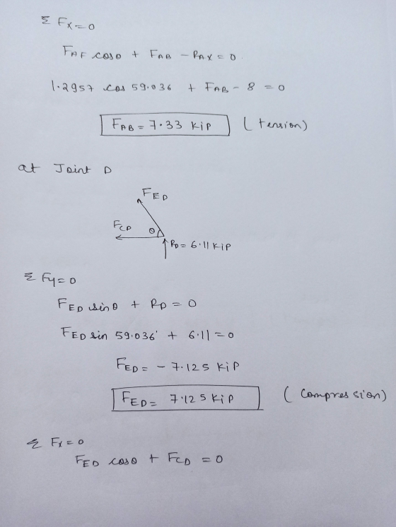 & Ex=0 FAF coso + FAB FAB - RAX=0 1.2957 cas 59.036 + FAR - 8 = 0 FAB=7.33 kip I tension) at Joint D FED FER Ro=6ll kip T Bo