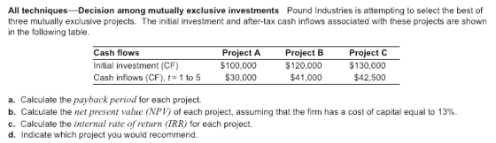 All techniques -Decision among mutually exclusive investments Pound Industries is attempting to select the best of three mutually exclusive projects. The initial investment and after-tax cash inflows associated with these projects are shown in the following table. Cash flows Initial investment (CF) Cash inflows (CF), t-1 to 5 $100,000 $30,000 Project A Project B $120,000 $41,000 Poject C $130,000 $42,500 a. Calculate the payback period for each project. b. Calculate the net present value (NPI) of each project, assuming that the firm has a cost of capital equal to 13%. c. Calculate the internal rate of return (IRR) for each project. d. Indicate which project you would recommend.
