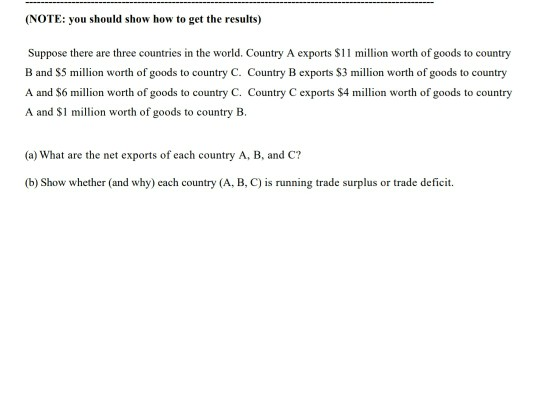(NOTE: you should show how to get the results) Suppose there are three countries in the world. Country A exports $11 million