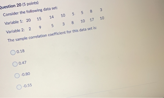 3 10 Question 20 (5 points) Consider the following data set: Variable 1: 20 15 14 10 5 5 8 Variable 2: 2 9 5 3 8 10 17 The sa
