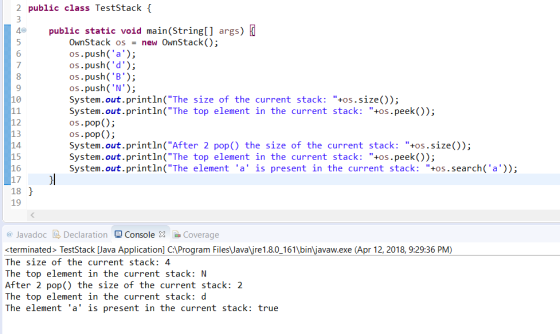 2 public class TestStack { 4 public static void main(String[] args) 6 OwnStack os = new OwnStack(); os.push(a) os.push (d);