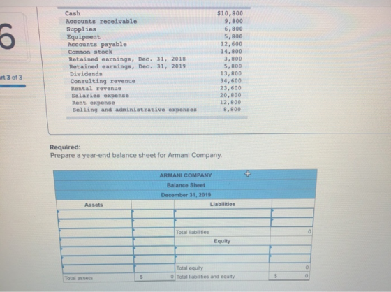 6 Cash Accounts receivable Supplies Equipment Accounts payable Common stock Retained earnings, Dec. 31, 2018 Retained earning