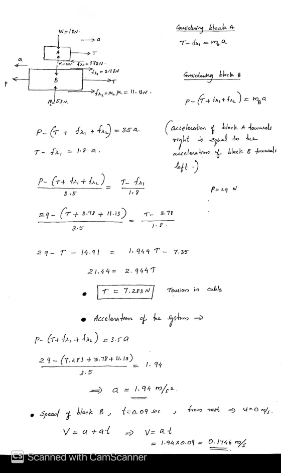 W=18n. Considering block a >a T-fri maa A >T a IN, EIN fr = 3.78N. $ = 3.78N B block B >T Р Consiclening e-Gethit the) = mza