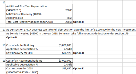 16 Additional First Year Depreciation ($40000*0.5) MACRS Cost Recovery (40000- 20000) *0.3333 Total Cost Recovery deduction f
