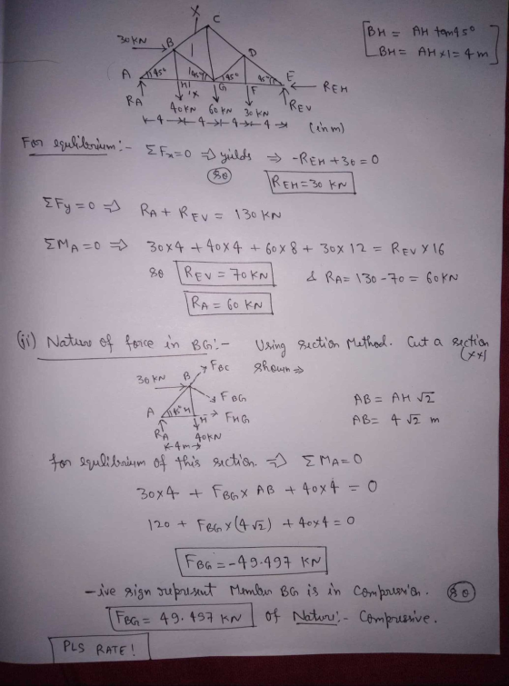 U 30KN [BH = AH tomaso -BH= AHX1=4 m XB D A JAS 토 HI REH K RA KREU 40kN 60 KN 30 KN k 44-46 4 → (enm) For equlibrium - Efa=0
