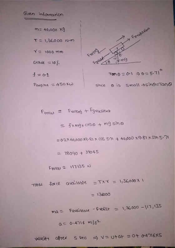 Given information m= 40,000 Fpropulsion T= 1,36,000 nm o r= 1000 mm Frolling Grade = 10% Egrade so ymg f = 0.2 Tam o =01 9825