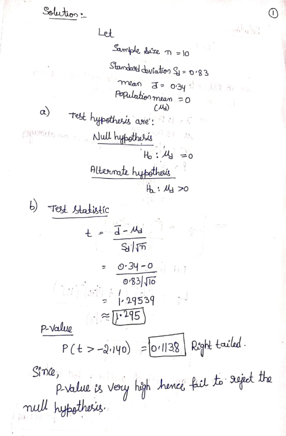 Selution Let Sample ize n = 10 Stamdase doviation 083 mean 123 Population mean 0 CM) Test hypetheis ave Null hyteothesris a)