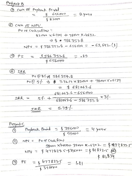 Project B can of Payback period 656 ovo 6 - Byear $ 8200 can of NPV PU of cash inflow - 82000 X 6.7101 + Toow X.4632 $ 586357