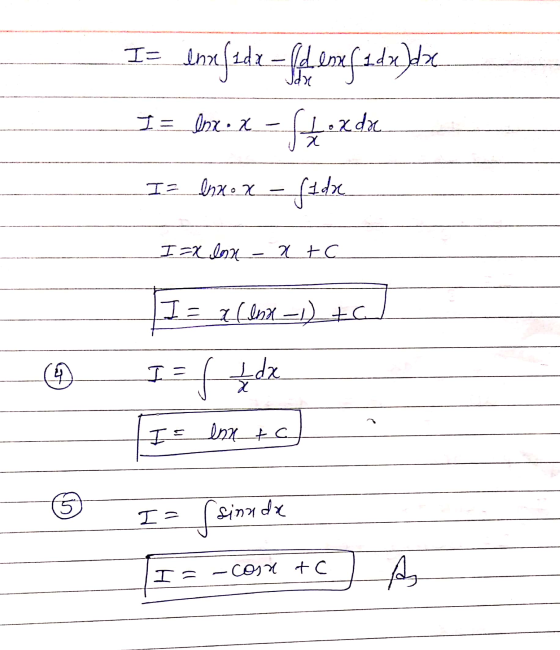 I= Innfede-febenefridx)dlaze upp I= lnx x f Loada х I= lnnox . fide I=Xlon x tc I= xl lnx-1) + c to (9 I= = f I dx I = enn to