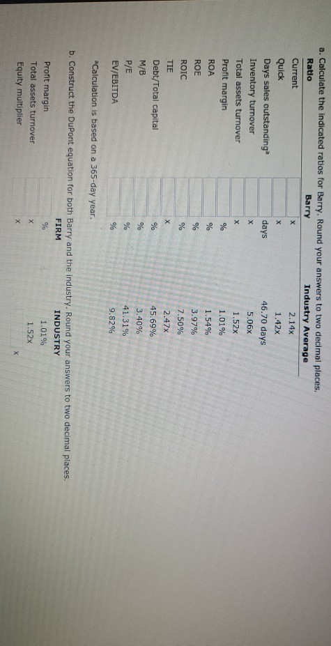 X X a. Calculate the indicated ratios for Barry. Round your answers to two decimal places. Ratio Barry Industry Average Curre
