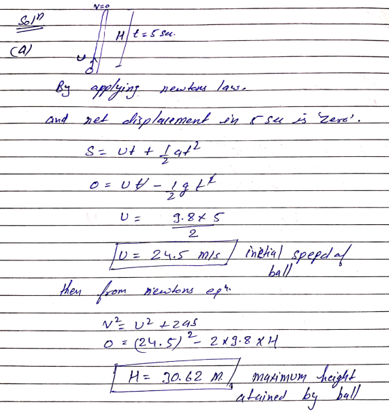 No Soln Hlt: 5 see. ca) and by applying newtons lawe net displacement in rse is Zero. s= utt I at² Osu! - 4941 9.8x 5 2 inèt