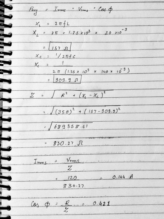 Pavy = Irms Vams Caso x x 2 IfL 25 x 1.25x103 x 20x10 3 Tisor Xc 1/21fc x 1 2 IT (1.25 x 103 x 140 x 109 ) 909.9 M R? (x - X)