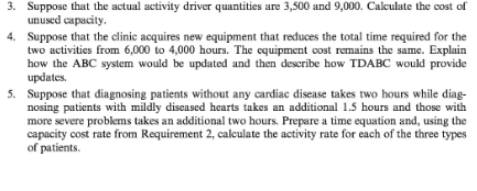 3. Suppose that the actual activity driver quantities are 3,500 and 9,000. Calculate the cost of unused capacity Suppose that the clinic acquires new equipment that reduces the total time required for the two activities from 6,000 to 4,000 hours. The equipment cost remains the same. Explain how the ABC system would be updated and then describe how TDABC would provide updates. 4. 5. Suppose that diagnosing patients without any cardiac disease takes two hours while diag- nosing patients with mildly discased hearts takes an additional 1.5 hours and those with more severe problems takes an additional two hours. Prepare a time equation and, using the capacity cost rate from Requirement 2, calculate the activity rate for each of the three types of patients