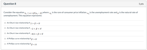 Question 8 1 pts Consider the equation, a +Blu-u) where:. is the rare of consumer price inflation, u is the unemployment rate
