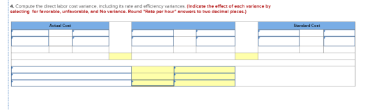 4. Compute the direct labor cost variance, including its rate and efficiency variances. (Indicate the effect of each variance