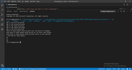 File Edit Selection View Go Debug Terminal Help childrengame.py - python - Visual Studio Code -ox 17 a ... childrengame.py X