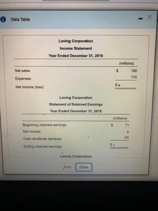 Data Table Loving Corporation Income Statement Year Ended December 31, 2018 (millions) Net sales 410 Expenses Net income (los