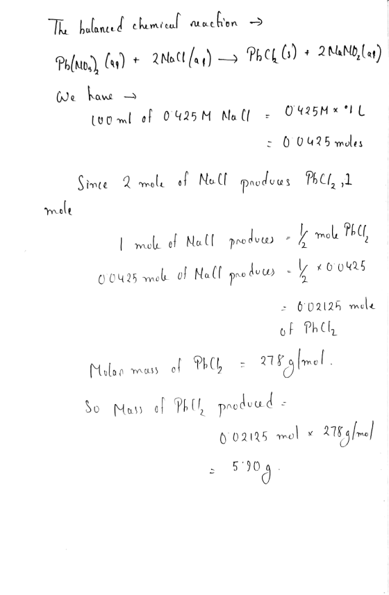 The balanced chemical reaction Ph(106) (42) + 2 Mall lan) POCų (0) + 2 MMO,lat) We have too ml of 0.425 M Mall 0°425Mxºll -0.