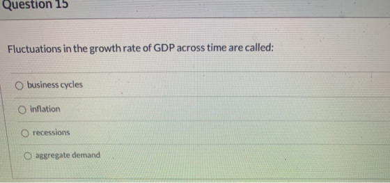 Question 15 Fluctuations in the growth rate of GDP across time are called: O business cycles O inflation O recessions O aggre