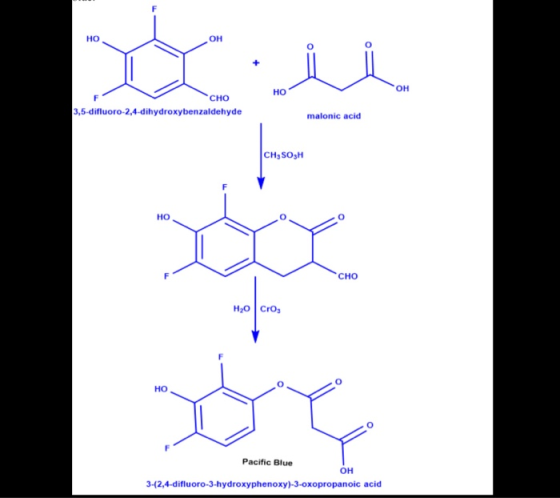 in CHO 3,5-difluoro-2,4-dihydroxybenzaldehyde malonic acid CH3SO3H H20 Cros Pacific Blue 3-(2,4-difluoro-3-hydroxyphenoxy)-3-