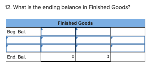 12. What is the ending balance in Finished Goods? Finished Goods Beg. Bal. End. Bal.