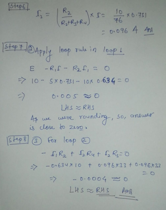 Stepst 19 = R2 lxse to * *0431 ( Rat Ryt Ru) = 0.096 4 ans Istept @ Apple loop rule in loopt I -Rif - R2 fi = 0 => 10 - 5x0.7