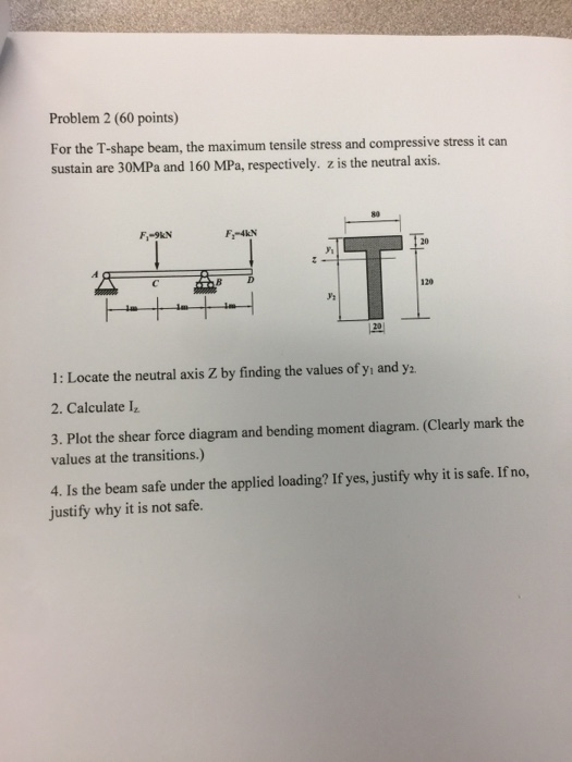 Problem 2 (60 points) For the T-shape beam, the maximum tensile stress and compressive stress it can sustain are 30MPa and 16