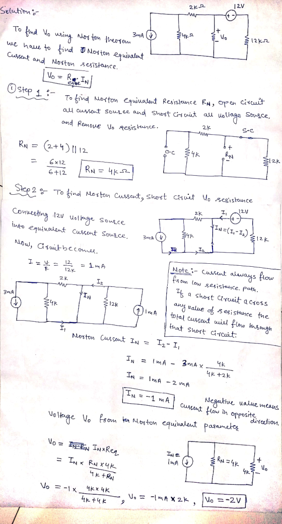 2k2 12V Solutions 3MA 8462 Vo To find lo using Norton theorom we have to find I Norton equivalent Cussent and Morton sesistan