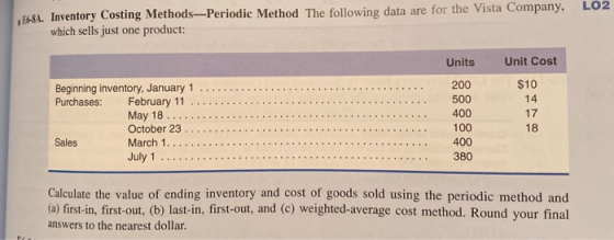 LO2 5684. Inventory Costing Methods-Periodic Method The following data are for the Vista Company, which sells just one produc
