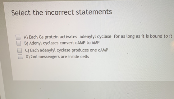 Select the incorrect statements A) Each Gs protein activates adenylyl cyclase for as long as it is bound to it B) Adenyl cycl
