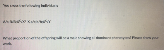 You cross the following individuals A/a;B/B;X/X X a/a;b/b;XC/ What proportion of the offspring will be a male showing all dom