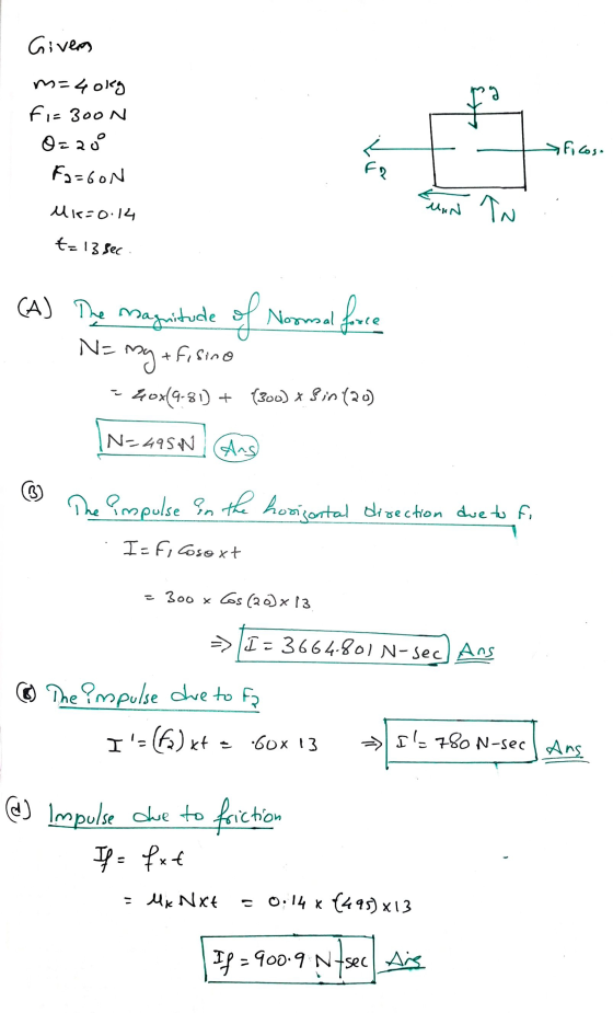 Giver m=40kg fi=300N O=20 Fa=GON > Ficos. FR Uk=0.14 MIN t=13 sec (A) The of NP Magnitude Normal force my + Fisine 40x9-81) +