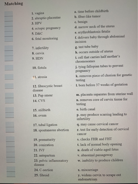 Matching 1. vagina 2. abruptio placentae 3. HPV 4. ectopic pregnancy 5. D&C 6. fetal monitoring 7. infertility 8. cervix 9. H